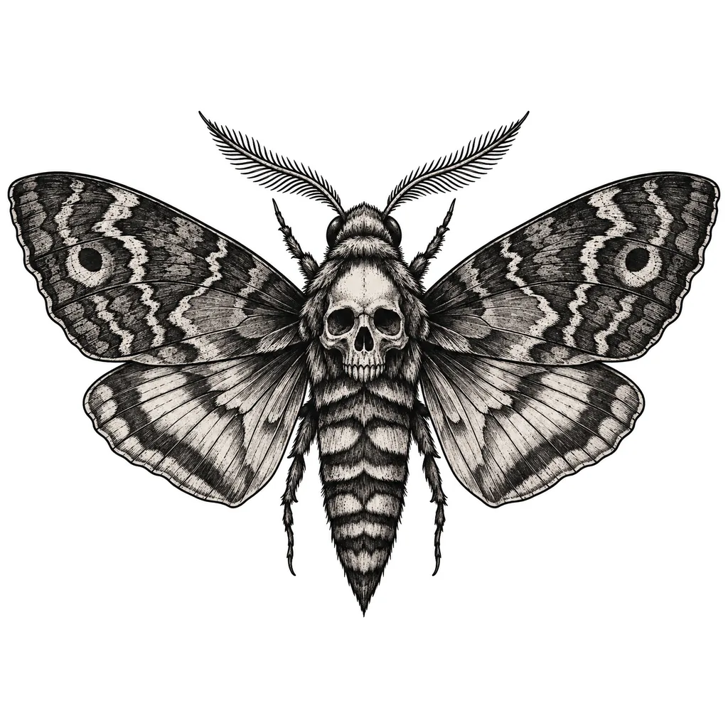 Moth with a skull on its back, a black and grey illustrative tattoo design on white paper