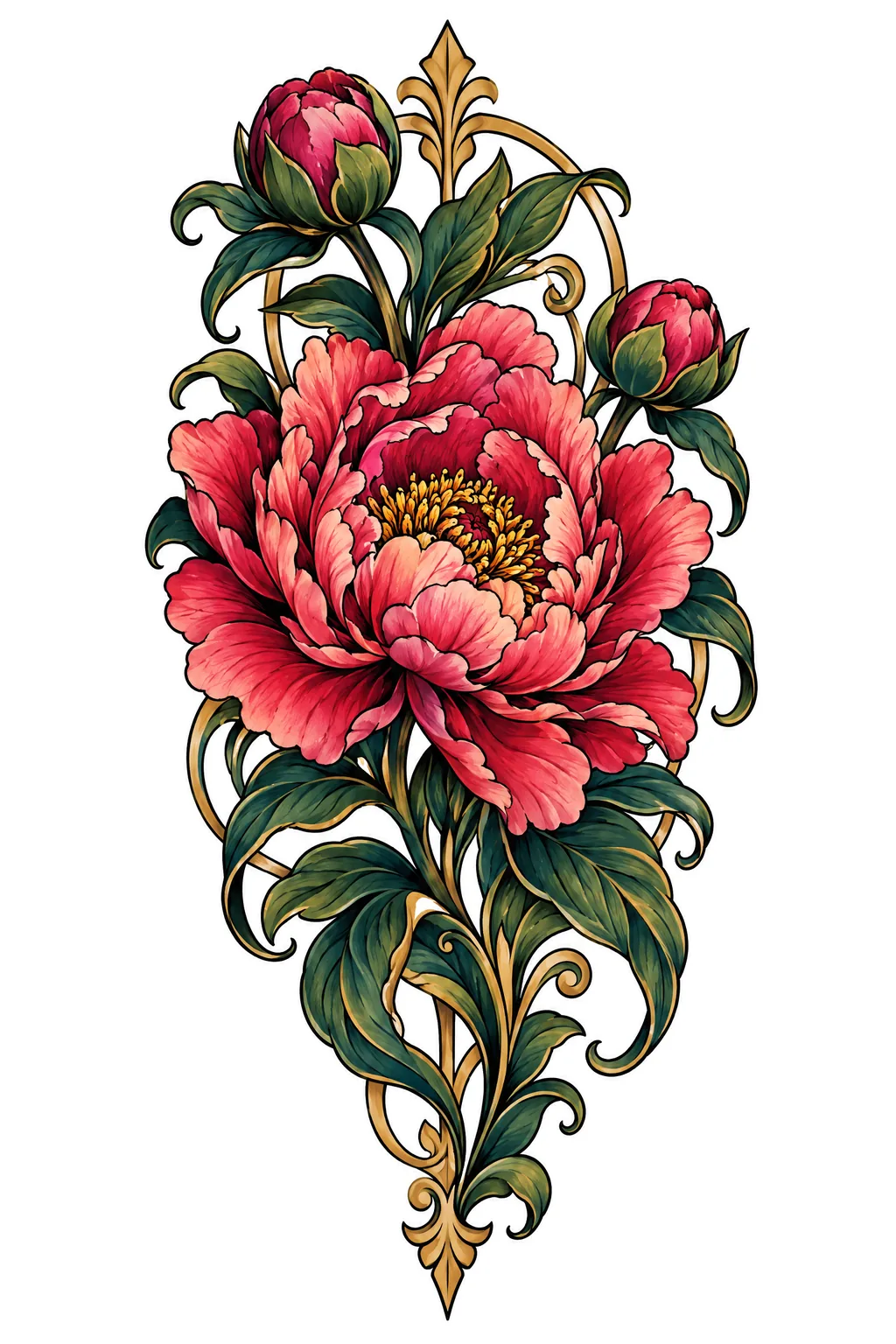 Peony in full bloom with two buds and curling leaves, a neo-traditional colour design on white paper