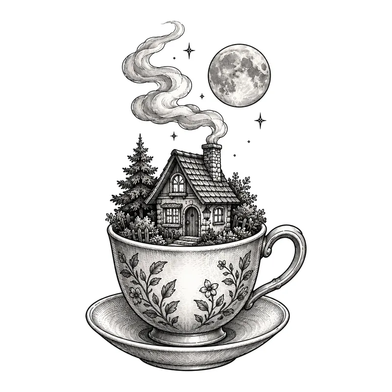 Illustrative storybook etching of a tiny house inside a teacup under the moon