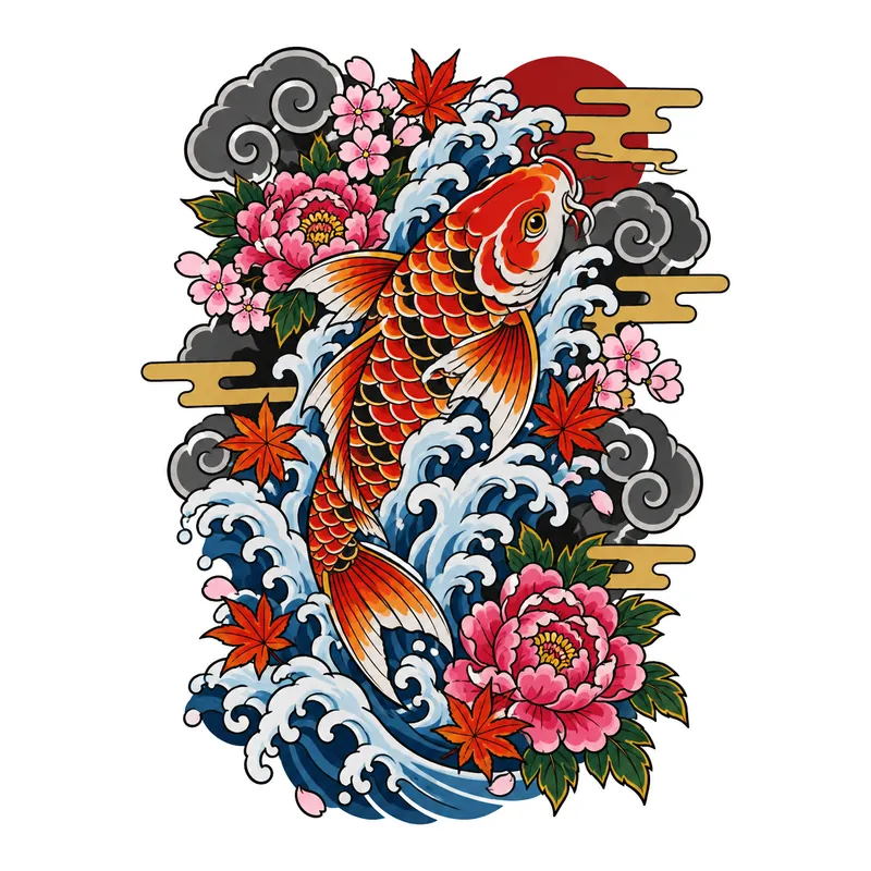 Japanese koi swimming up through crashing waves with maple leaves and blossoms, in colour