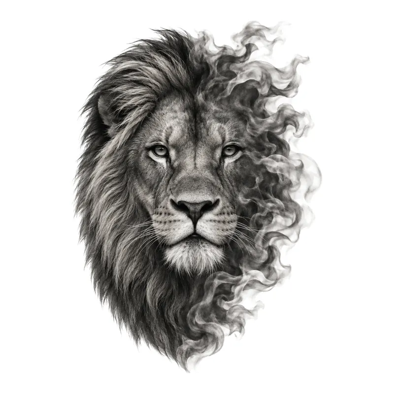 Realistic black and grey lion's face, half of its mane dissolving into smoke