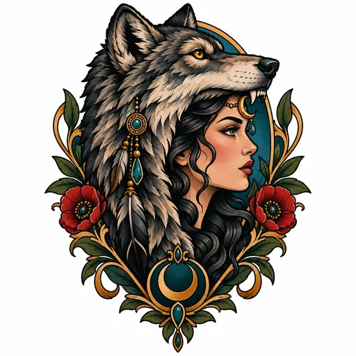 A woman's profile wearing a wolf-head headdress, a jewelled crescent moon on her brow