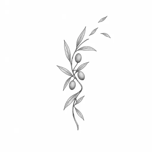 A sprig of olive branch wrapping once around itself, three small leaves drifting off the end