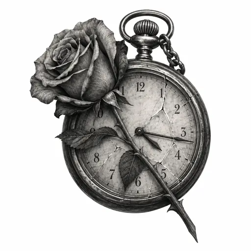 An old pocket watch stopped at 4:17, its glass cracked, a single rose lying across the face