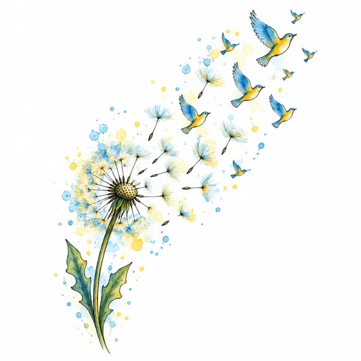 A dandelion clock with its seeds blowing away and turning into small birds, in soft yellow and sky blue